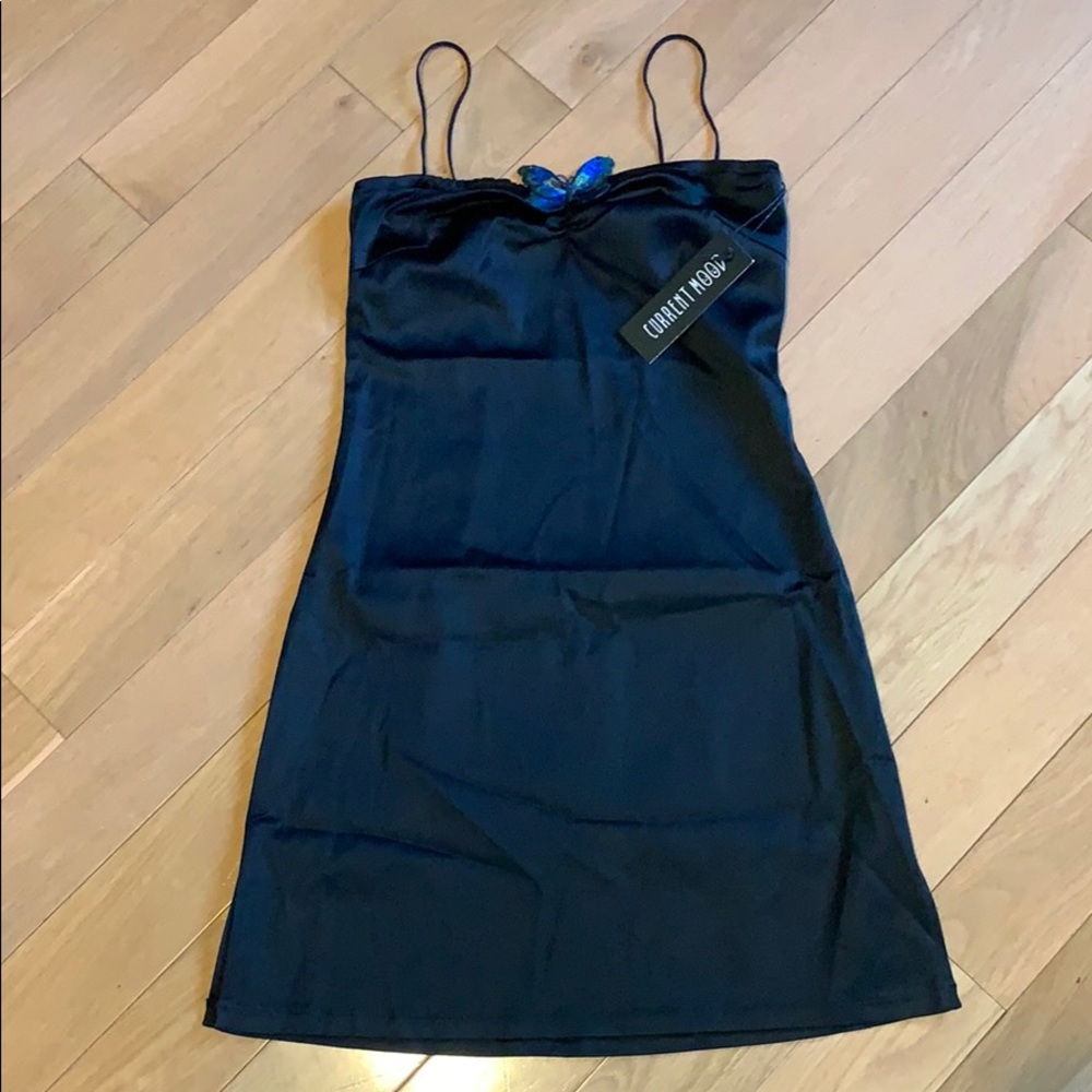 Black butterfly satin mini dress